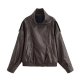 Women's Leather Look Jacket High Neck Asymmetric Zip – Going Out
