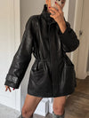 Women's Leather Look Jacket Stand Collar Zip Front Drawstring Waist – Going Out