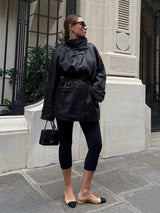 Women's Leather Look Jacket Stand Collar Zip Front Drawstring Waist – Going Out