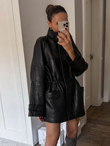 Women's Leather Look Jacket Stand Collar Zip Front Drawstring Waist – Going Out