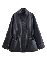Women's Leather Look Jacket Stand Collar Zip Front Drawstring Waist – Going Out