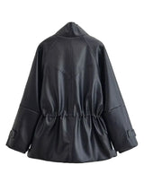 Women's Leather Look Jacket Stand Collar Zip Front Drawstring Waist – Going Out