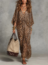 Women's Leopard Print Maxi Dress Twist Front Batwing – Resort Dinner