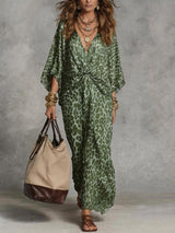 Women's Leopard Print Maxi Dress Twist Front Batwing – Resort Dinner