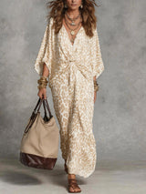 Women's Leopard Print Maxi Dress Twist Front Batwing – Resort Dinner