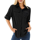 Women’s Long Sleeve Shirt Pointed Collar Chest Pockets Sleeve Tabs – Coworking Days