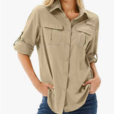 Women’s Long Sleeve Shirt Pointed Collar Chest Pockets Sleeve Tabs – Coworking Days
