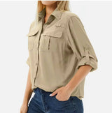 Women’s Long Sleeve Shirt Pointed Collar Chest Pockets Sleeve Tabs – Coworking Days