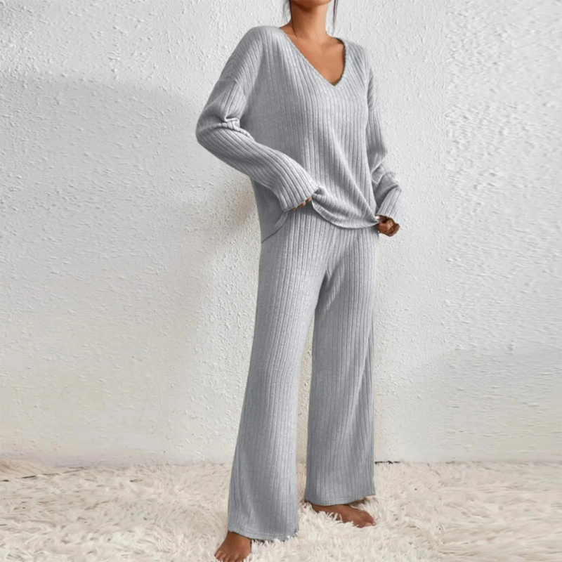 Women's Lounge Set Ribbed Knit Wide Leg V Neck Long Sleeve - Sleep Wear