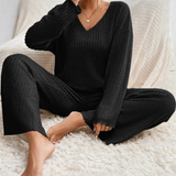 Women's Lounge Set Ribbed Knit Wide Leg V Neck Long Sleeve - Sleep Wear