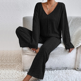 Women's Lounge Set Ribbed Knit Wide Leg V Neck Long Sleeve - Sleep Wear
