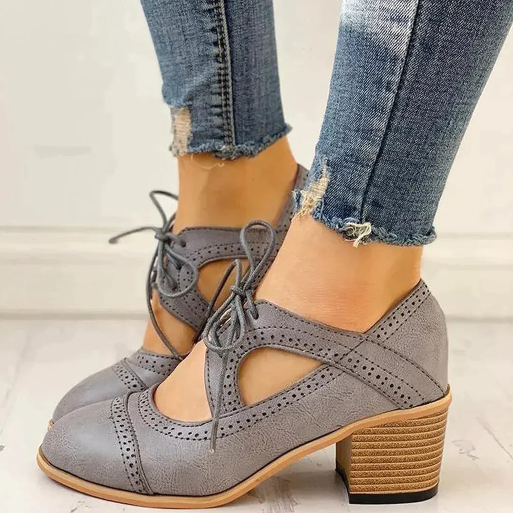 Women's Mary Jane Pumps Lace Up Block Heel Round Toe Cutout – Going Out