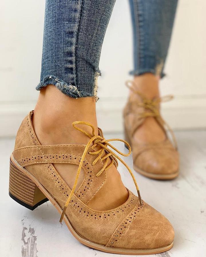 Women's Mary Jane Pumps Lace Up Block Heel Round Toe Cutout – Going Out