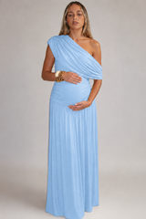 Women’s Maternity Maxi Dress One-Shoulder Ruched Waist Draped Overlay – Maternity Celebrations