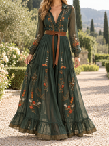 Women’s Maxi Boho Dress Floral Detail Long Sleeves Tiered Skirt – Garden Receptions