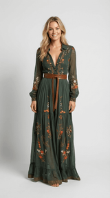 Women’s Maxi Boho Dress Floral Detail Long Sleeves Tiered Skirt – Garden Receptions