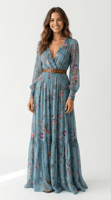 Women’s Maxi Boho Dress Floral Detail Long Sleeves Tiered Skirt – Garden Receptions