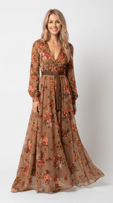 Women’s Maxi Boho Dress Floral Detail Long Sleeves Tiered Skirt – Garden Receptions