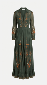 Women’s Maxi Boho Dress Floral Detail Long Sleeves Tiered Skirt – Garden Receptions