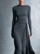 Women's Maxi Dress Boat Neck Long Sleeve Side Knot – Cocktail Party