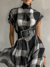 Women's Maxi Dress Check Print High Neck Cap Sleeve – Gallery Stroll