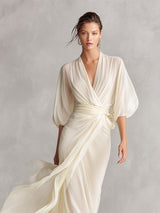 Women's Maxi Dress Draped V Neck Bishop Sleeve Waist Pleat – Wedding Guest