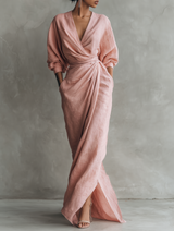 Women's Maxi Dress Draped V Neck Puff Sleeve – Cocktail Party