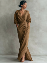 Women's Maxi Dress Draped V Neck Puff Sleeve – Cocktail Party