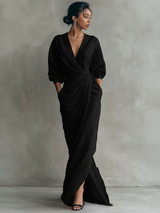 Women's Maxi Dress Draped V Neck Puff Sleeve – Cocktail Party