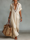 Women's Maxi Dress Embroidered V Neck Short Sleeve – Beach Vacation