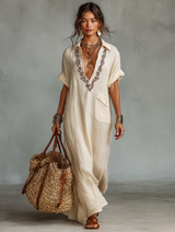 Women's Maxi Dress Embroidered V Neck Short Sleeve – Beach Vacation