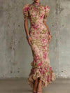 Women's Maxi Dress Floral High Neck Puff Sleeve Ruffle Hem – Outdoor Reception