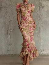 Women's Maxi Dress Floral High Neck Puff Sleeve Ruffle Hem – Outdoor Reception