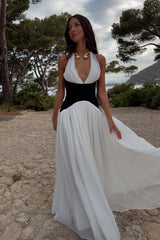 Women's Maxi Dress Halter Neck Contrast Panel – Wedding Guest