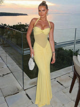 Women's Maxi Dress Halter Neck Ruched Front Draped Skirt – Wedding Guest