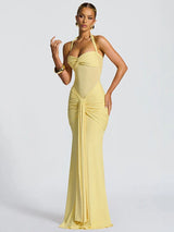 Women's Maxi Dress Halter Neck Ruched Front Draped Skirt – Wedding Guest