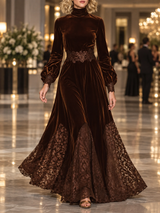 Women’s Maxi Dress High Neck Balloon Sleeves Floral Lace Panels – Formal Dinners