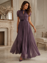 Women’s Maxi Dress High Neck Keyhole Puff Sleeves – Formal Luncheons