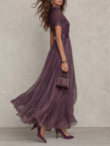 Women’s Maxi Dress High Neck Keyhole Puff Sleeves – Formal Luncheons