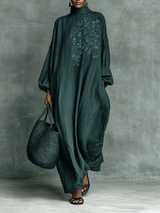 Women's Maxi Dress High Neck Lantern Sleeve Floral Detail – Museum Visits