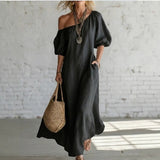 Women's Maxi Dress Off Shoulder Puff Sleeves Side Pockets – Resort Brunch