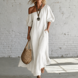 Women's Maxi Dress Off Shoulder Puff Sleeves Side Pockets – Resort Brunch