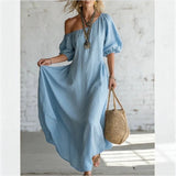 Women's Maxi Dress Off Shoulder Puff Sleeves Side Pockets – Resort Brunch