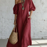 Women's Maxi Dress Off Shoulder Puff Sleeves Side Pockets – Resort Brunch