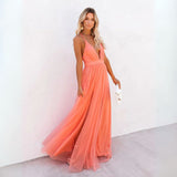 Women's Maxi Dress Orange Sleeveless V-Neck Open Back – Wedding Guest