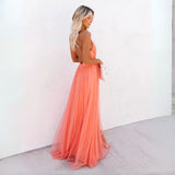 Women's Maxi Dress Orange Sleeveless V-Neck Open Back – Wedding Guest