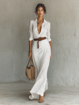 Women's Maxi Dress Point Collar Long Sleeve Gathered Front – Brunch Event