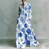 Women's Maxi Dress Printed Stand Collar Button Front – Art Gallery