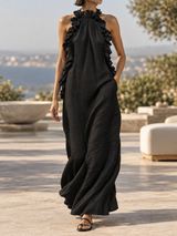 Women’s Maxi Dress Ruffled Halter Sleeveless – Resort Dinners