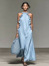 Women’s Maxi Dress Ruffled Halter Sleeveless – Resort Dinners